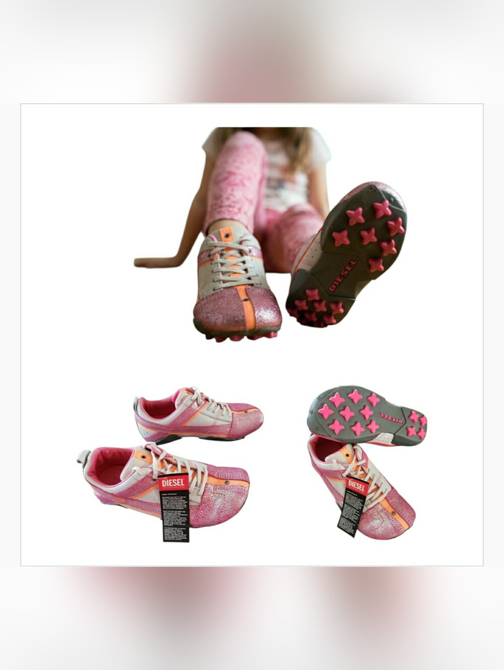 Diesel Vintage Y2K Oxford Sneakers Pink Sparkling Glitter Leather Lugsole New